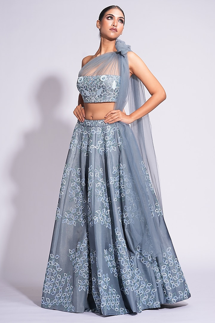 Grey Silk Zari & Sequins Embroidered Wedding Lehenga Set by Shruti S at Pernia's Pop Up Shop