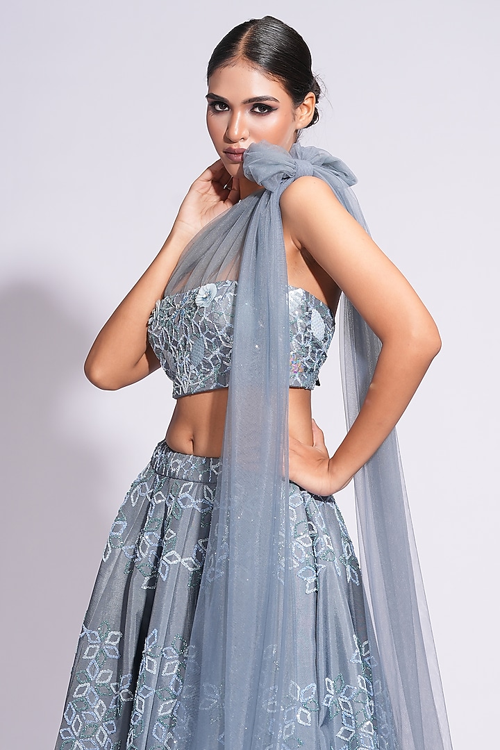 Grey Silk Zari & Sequins Embroidered Wedding Lehenga Set by Shruti S at Pernia's Pop Up Shop