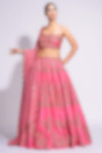 Coral Pink & Gold Silk Sequins Embroidered Lehenga by Shruti S