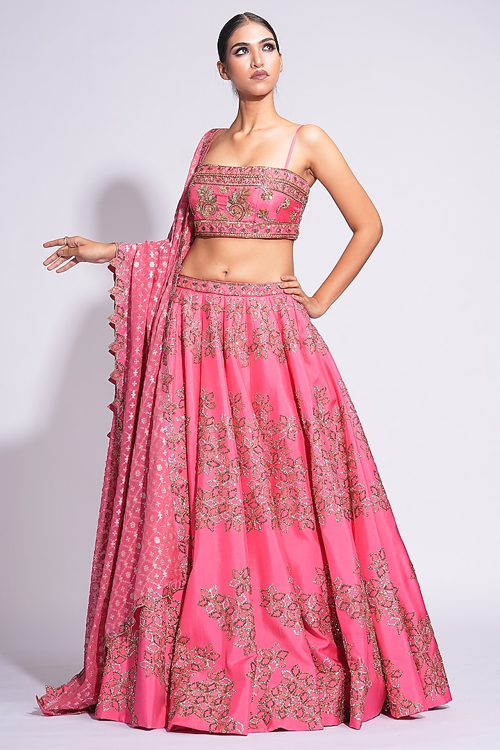 Coral Pink & Gold Silk Sequins Embroidered Lehenga by Shruti S