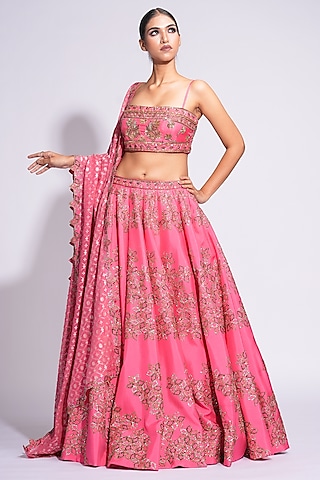 Coral Pink & Gold Silk Sequins Embroidered Lehenga by Shruti S
