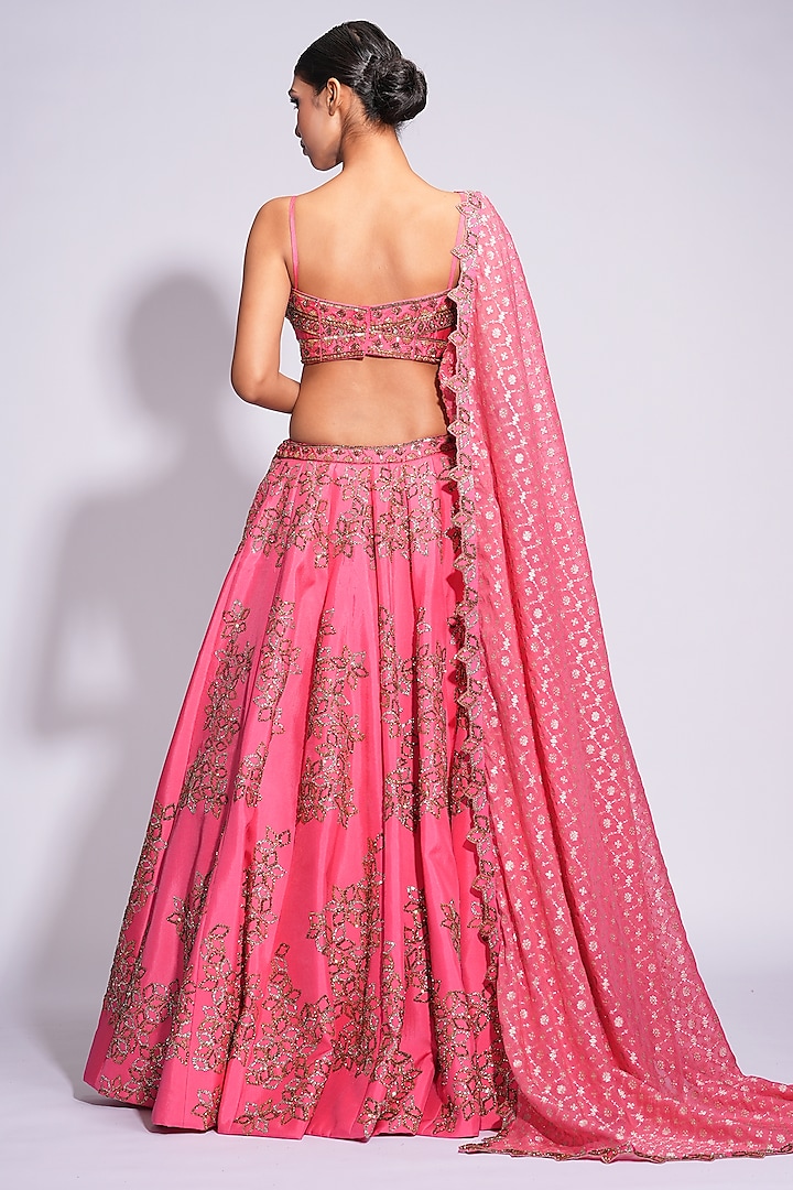 Coral Pink & Gold Silk Sequins Embroidered Wedding Lehenga by Shruti S at Pernia's Pop Up Shop