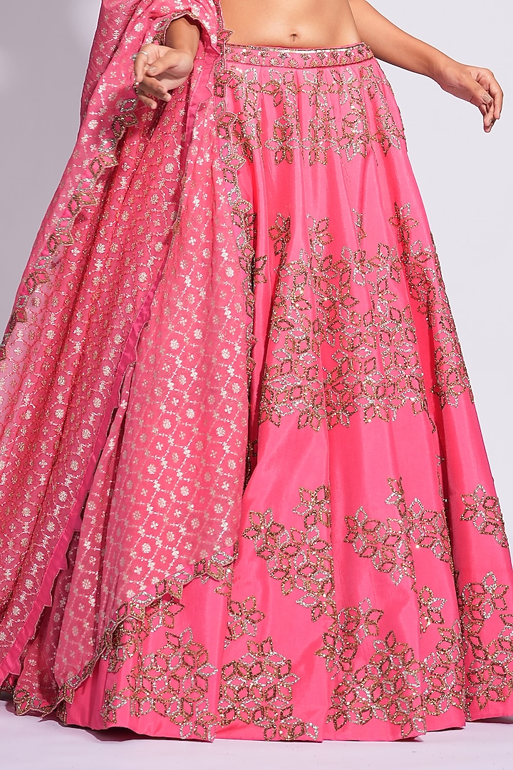 Coral Pink & Gold Silk Sequins Embroidered Wedding Lehenga by Shruti S at Pernia's Pop Up Shop
