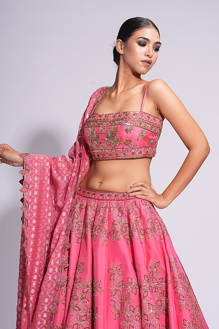 Coral Pink & Gold Silk Sequins Embroidered Wedding Lehenga by Shruti S at Pernia's Pop Up Shop