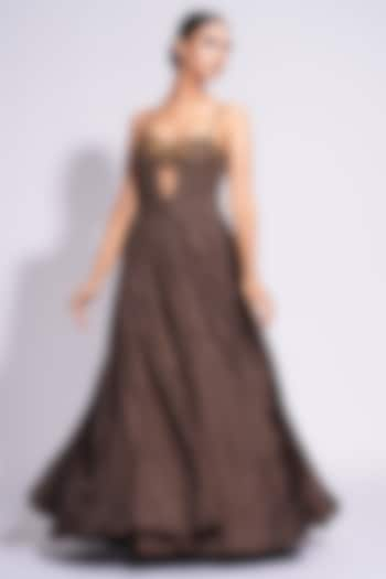 Brown Silk 3D Sequins & Cutdana Embroidered Gown by Shruti S at Pernia's Pop Up Shop