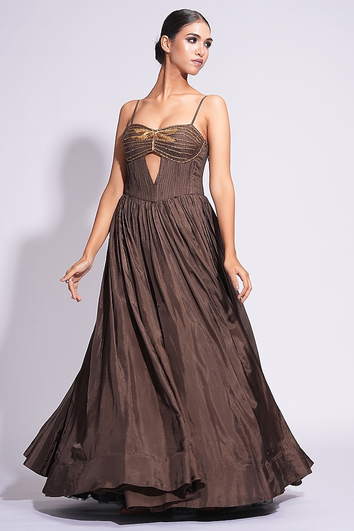 Brown Silk 3D Sequins & Cutdana Embroidered Gown by Shruti S at Pernia's Pop Up Shop