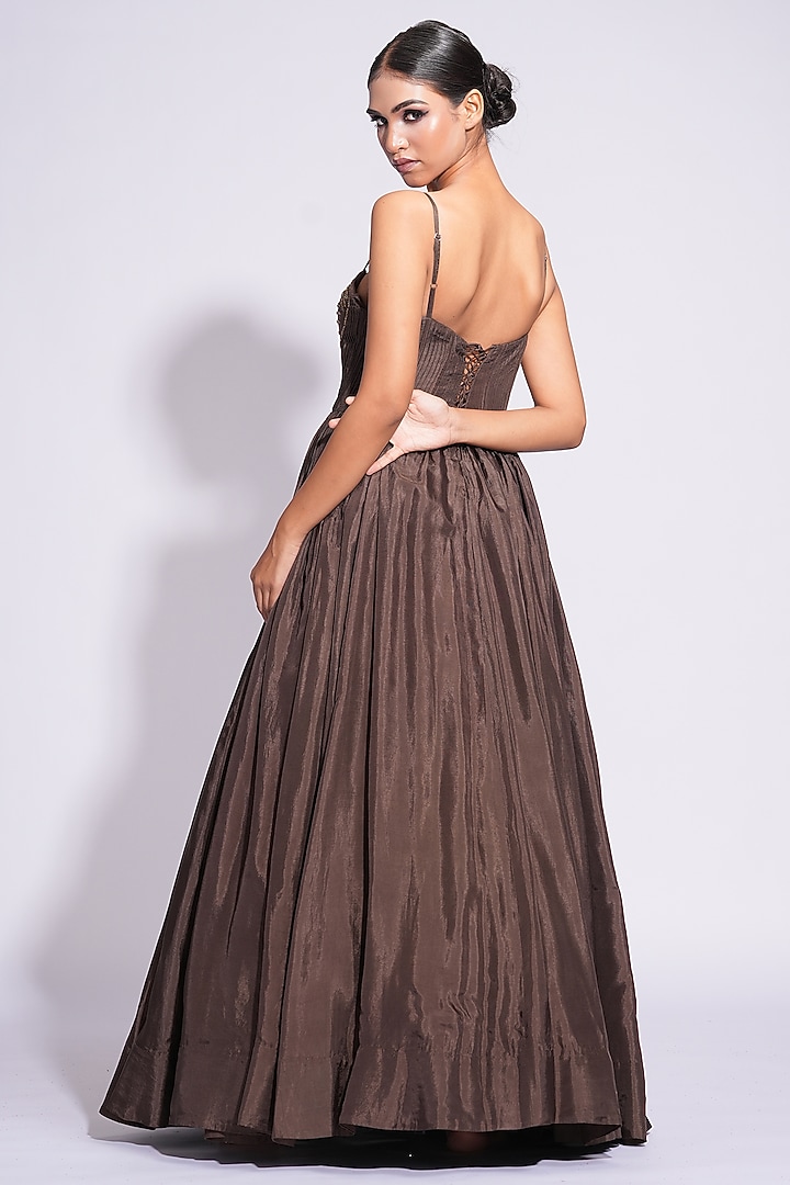 Brown Silk 3D Sequins & Cutdana Embroidered Engagement Gown by Shruti S at Pernia's Pop Up Shop