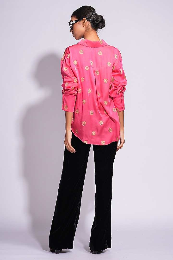 Pink Modal Satin Hand Block Printed Shirt by Shruti S at Pernia's Pop Up Shop