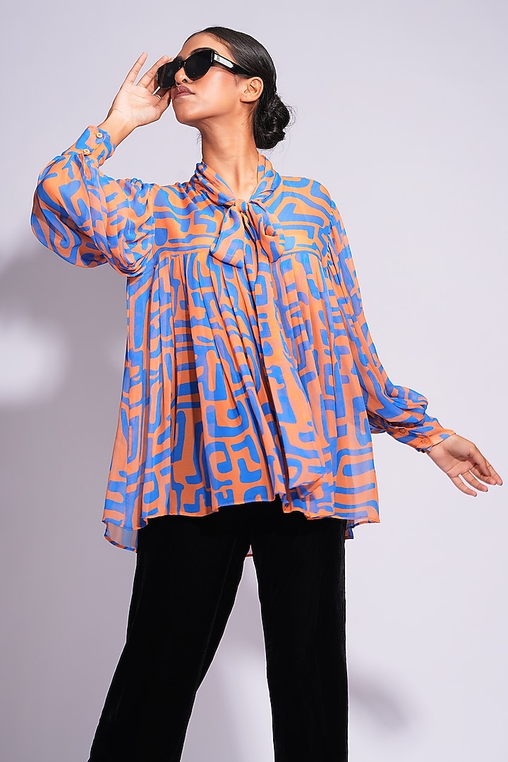 Orange & Blue Georgette Abstract Printed Pleated Shirt by Shruti S at Pernia's Pop Up Shop