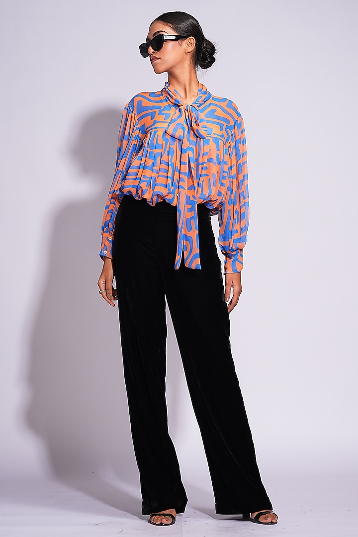Orange & Blue Georgette Abstract Printed Pleated Shirt by Shruti S at Pernia's Pop Up Shop