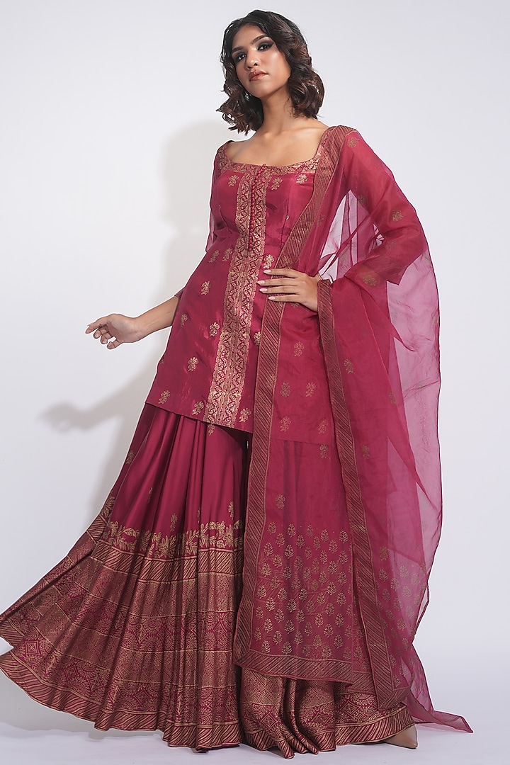 Maroon Modal Satin Hand Block Printed Wedding Sharara Set by Shruti S at Pernia's Pop Up Shop