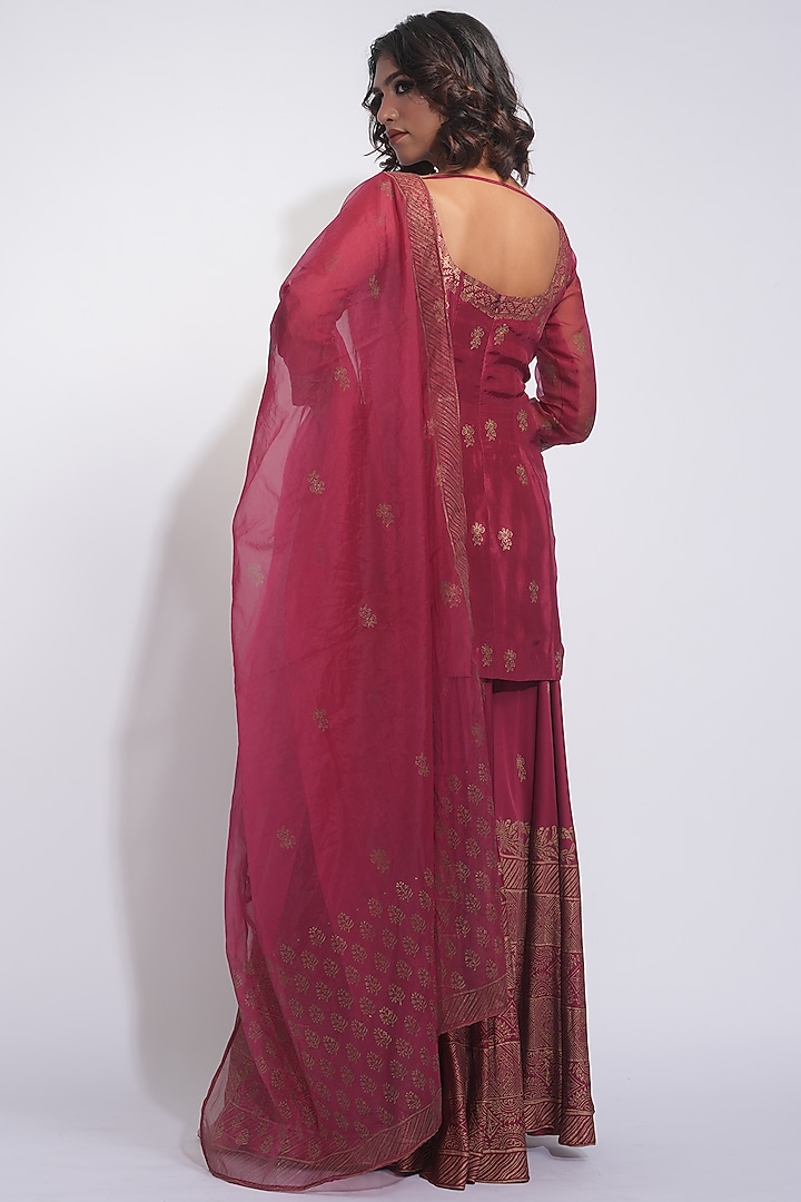 Maroon Modal Satin Hand Block Printed Wedding Sharara Set by Shruti S at Pernia's Pop Up Shop