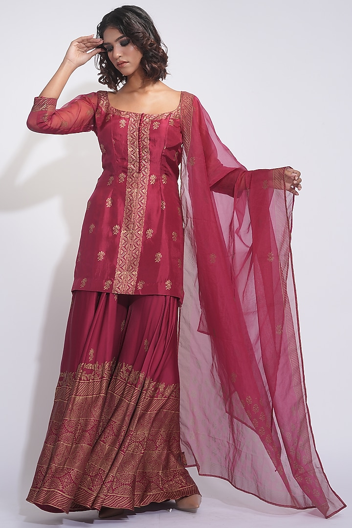 Maroon Modal Satin Hand Block Printed Wedding Sharara Set by Shruti S at Pernia's Pop Up Shop