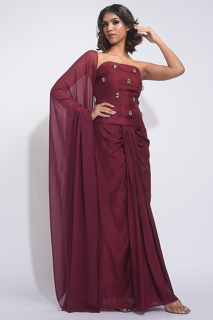 Burgundy Silk Pre-Stitched Dhoti Skirt Set by Shruti S at Pernia's Pop Up Shop