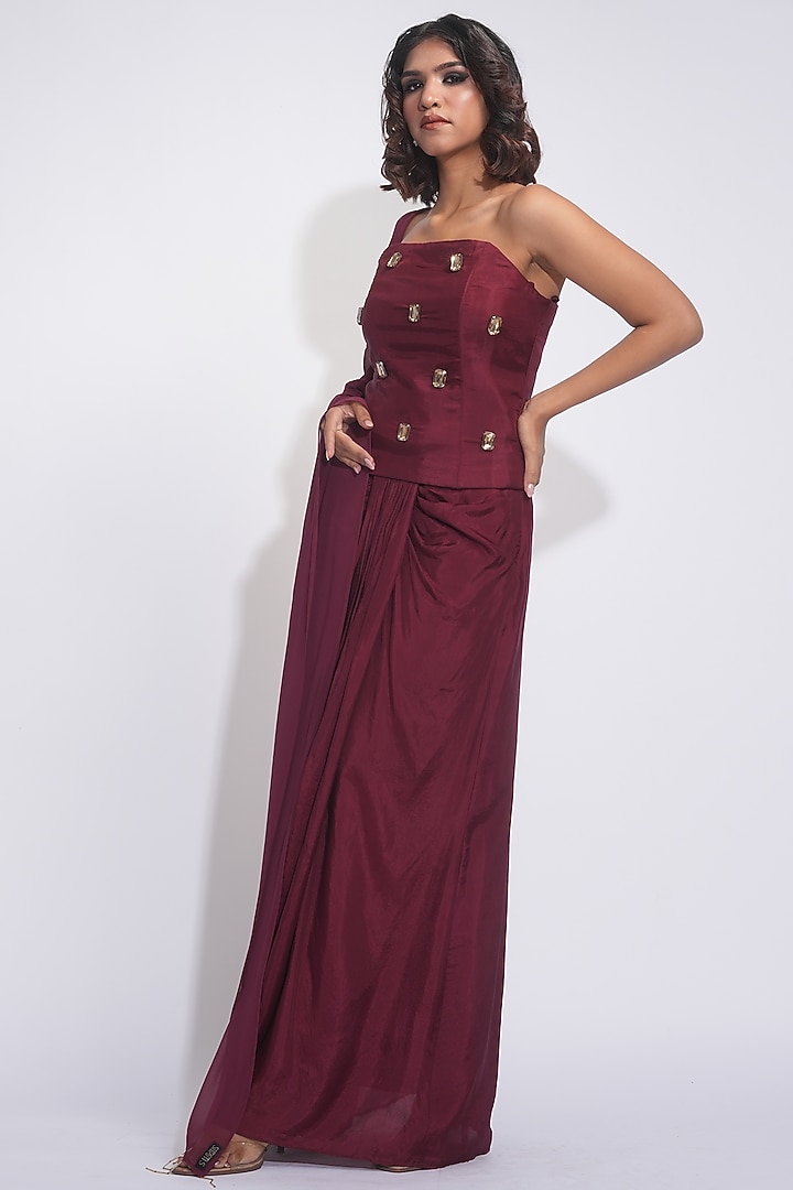 Burgundy Silk Pre-Stitched Dhoti Skirt Set by Shruti S at Pernia's Pop Up Shop