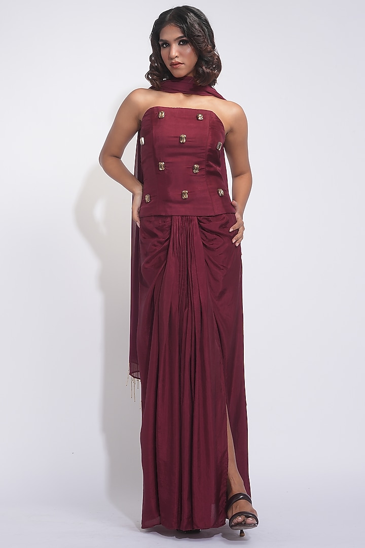 Burgundy Silk Pre-Stitched Dhoti Skirt Set by Shruti S at Pernia's Pop Up Shop