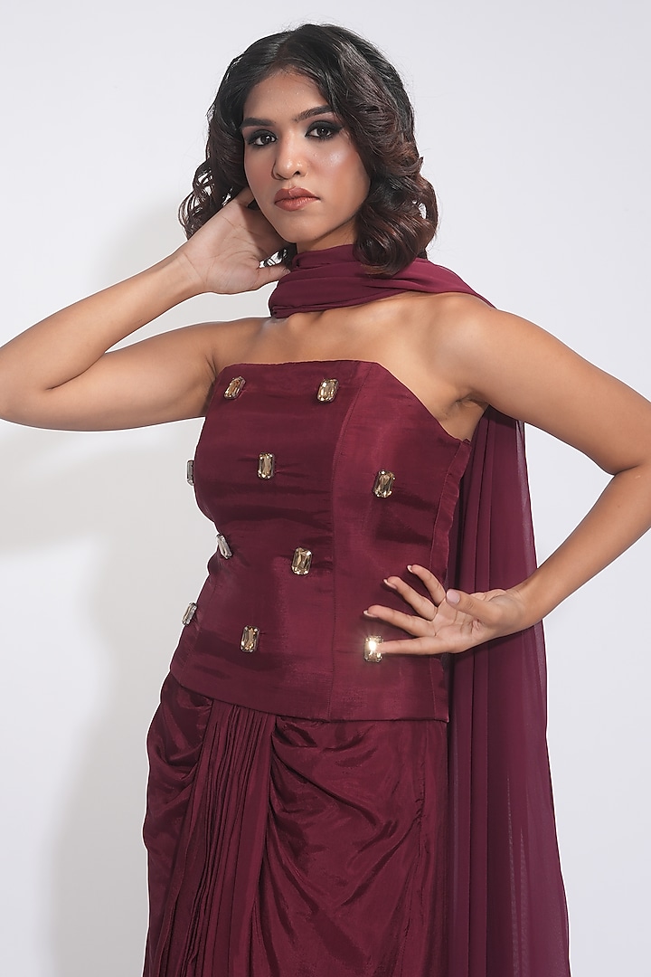 Burgundy Silk Pre-Stitched Dhoti Skirt Set by Shruti S at Pernia's Pop Up Shop