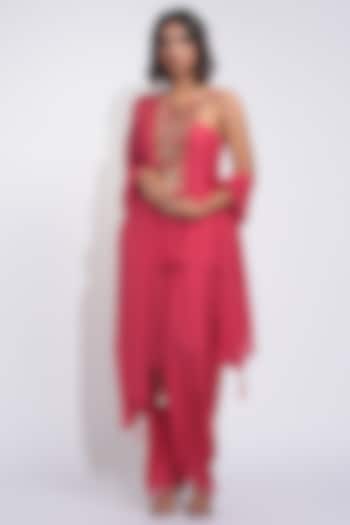 Tomato Red Natural Silk Zardosi Embroidered Kurta Set by Shruti S at Pernia's Pop Up Shop