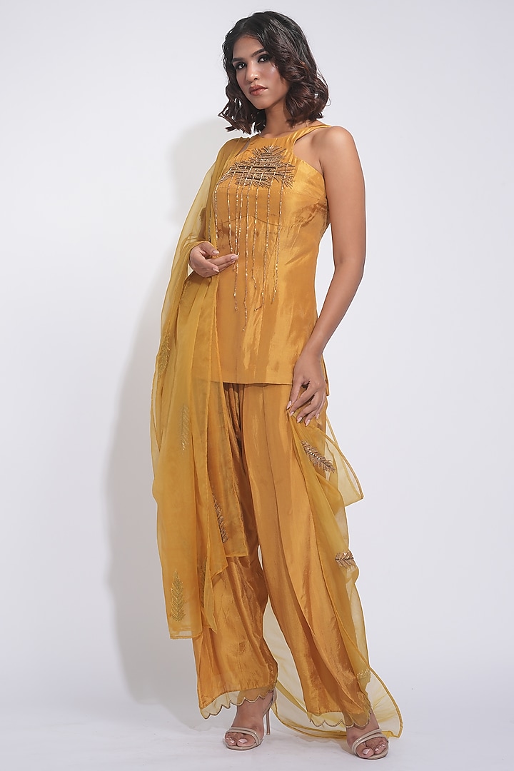 Mustard Natural Silk Zardosi Embroidered Kurta Set by Shruti S at Pernia's Pop Up Shop