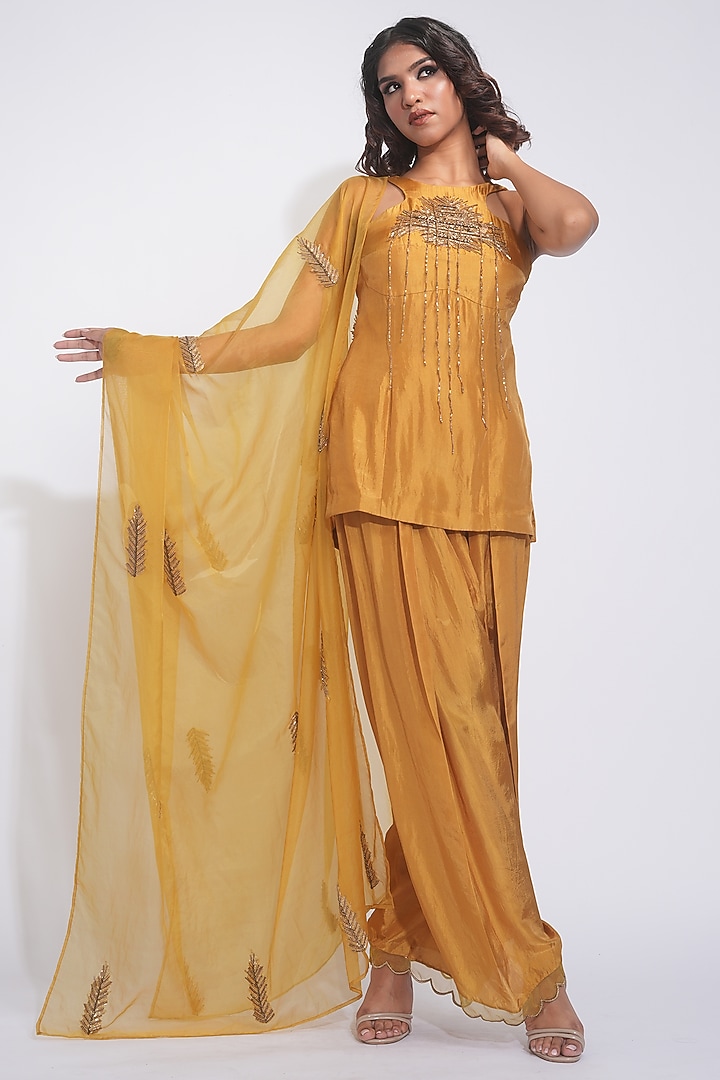 Mustard Natural Silk Zardosi Embroidered Kurta Set by Shruti S at Pernia's Pop Up Shop