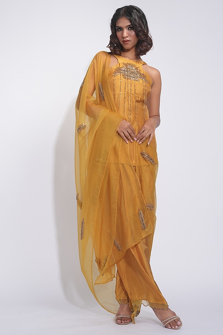 Mustard Natural Silk Zardosi Embroidered Kurta Set by Shruti S at Pernia's Pop Up Shop