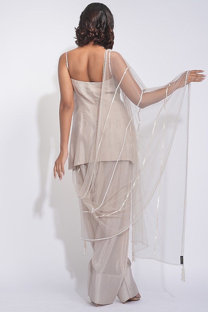 Taupe Natural Silk Pearl Embroidered Kurta Set by Shruti S at Pernia's Pop Up Shop
