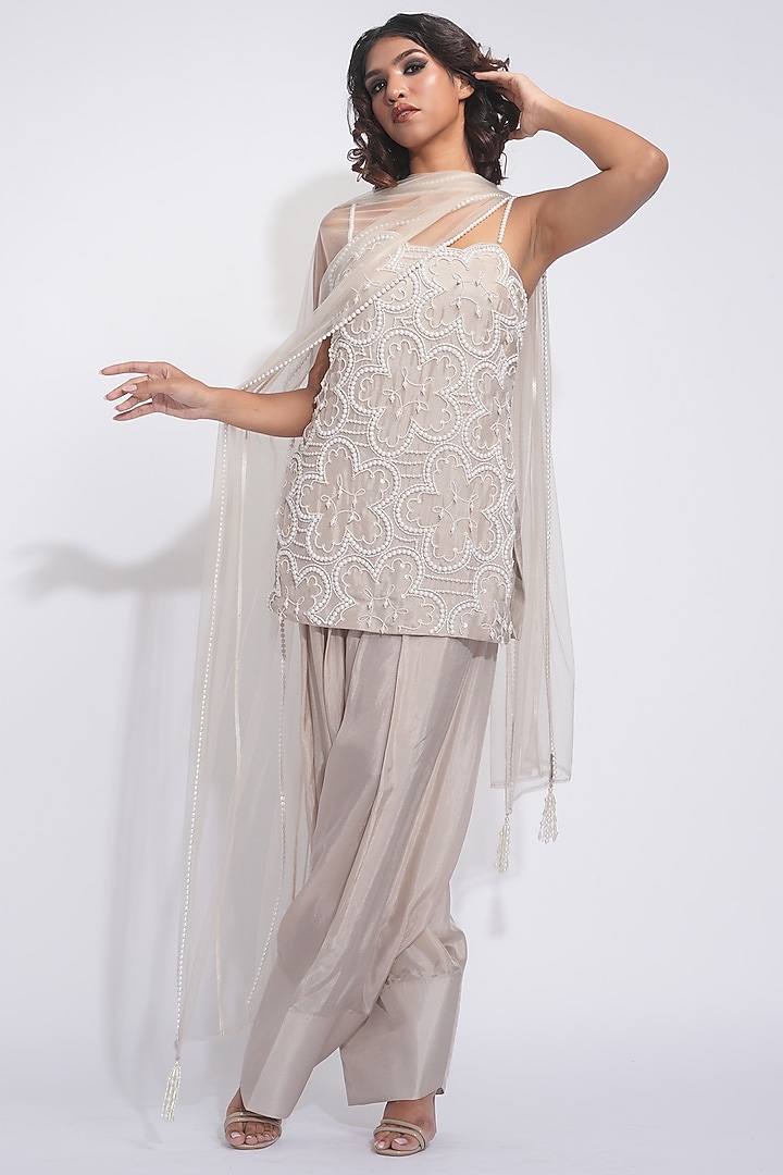 Taupe Natural Silk Pearl Embroidered Kurta Set by Shruti S at Pernia's Pop Up Shop