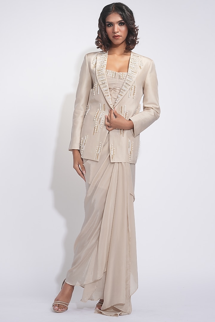 Taupe Silk Pearl Embroidered Tuxedo Jacket Set by Shruti S at Pernia's Pop Up Shop