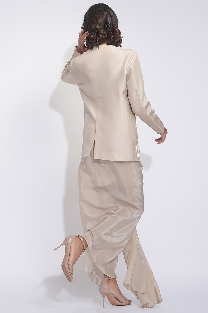 Taupe Silk Pearl Embroidered Tuxedo Jacket Set by Shruti S at Pernia's Pop Up Shop