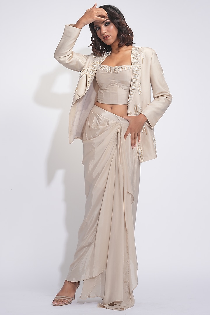 Taupe Silk Pearl Embroidered Tuxedo Jacket Set by Shruti S at Pernia's Pop Up Shop
