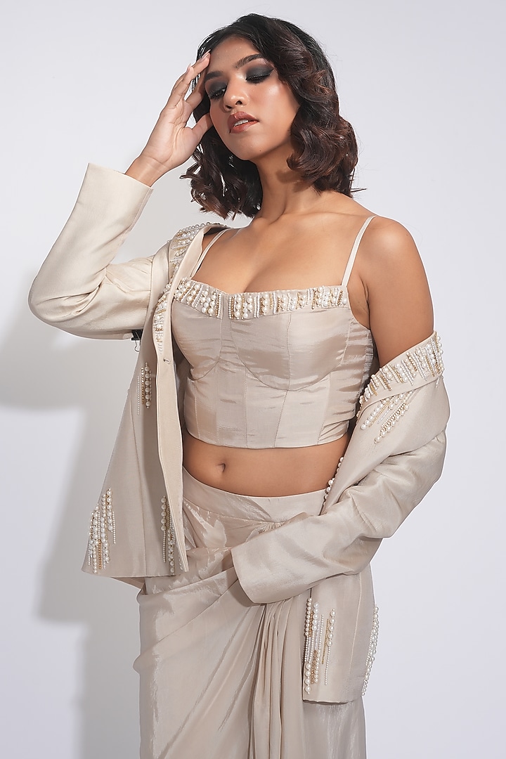 Taupe Silk Pearl Embroidered Tuxedo Jacket Set by Shruti S at Pernia's Pop Up Shop