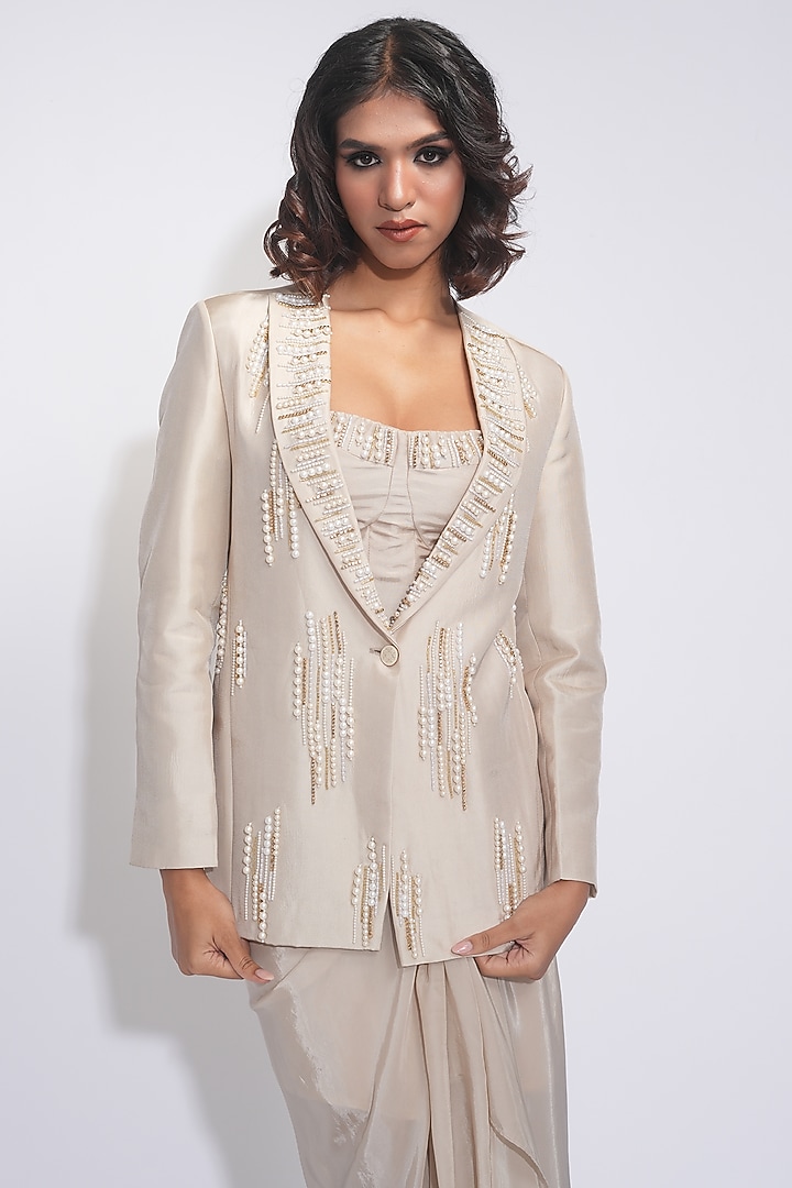 Taupe Silk Pearl Embroidered Tuxedo Jacket Set by Shruti S at Pernia's Pop Up Shop
