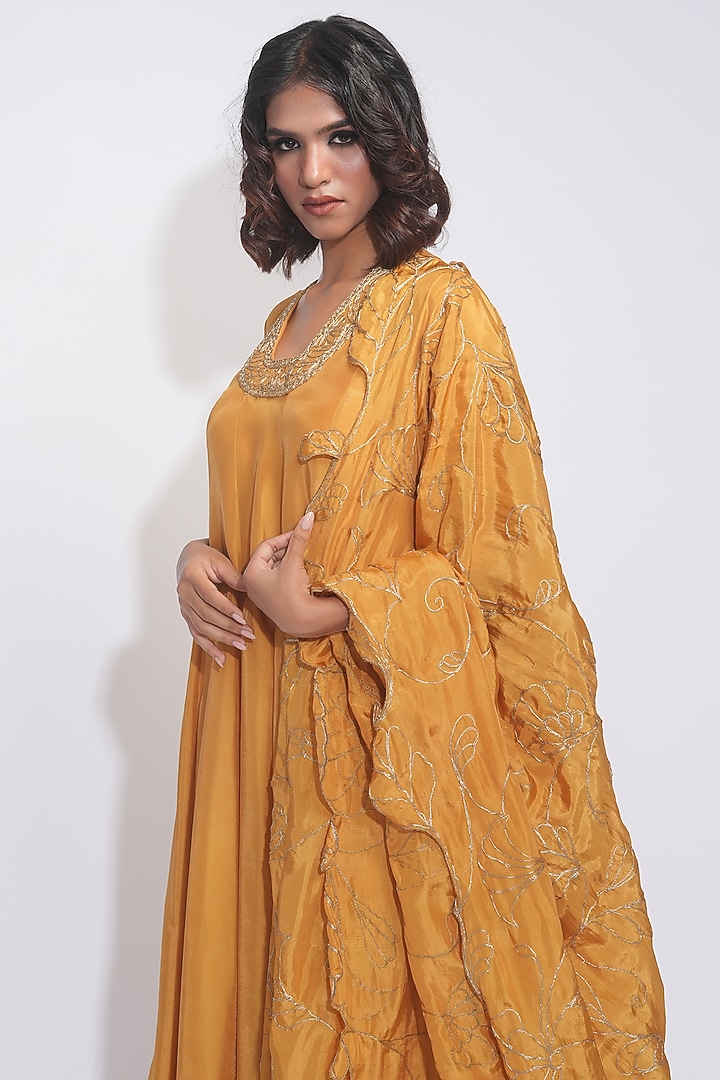 Mustard Silk Embroidered Kalidaar Wedding Anarkali Set by Shruti S at Pernia's Pop Up Shop