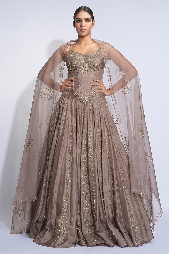 Antique Gold Silk Sequins Embroidered Wedding Lehenga Set by Shruti S at Pernia's Pop Up Shop