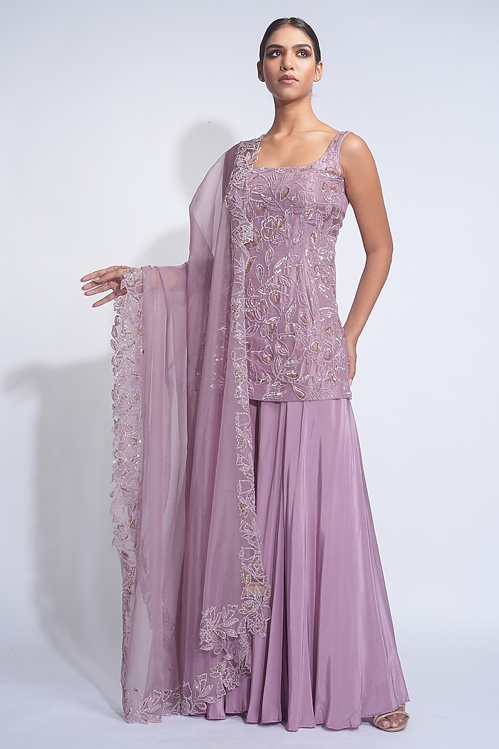 Lilac Crepe Sequins Embroidered Wedding Sharara Set by Shruti S at Pernia's Pop Up Shop