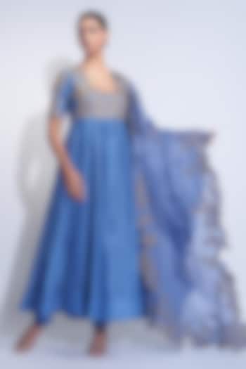Cobalt Blue Vegan Silk Zari Embroidered Wedding Anarkali Set by Shruti S at Pernia's Pop Up Shop