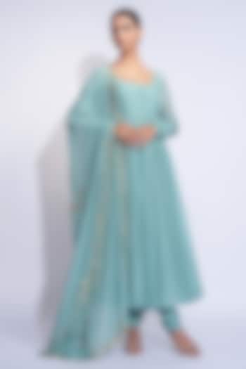 Teal Soft Organza Sequins Embroidered Wedding Anarkali Set by Shruti S at Pernia's Pop Up Shop
