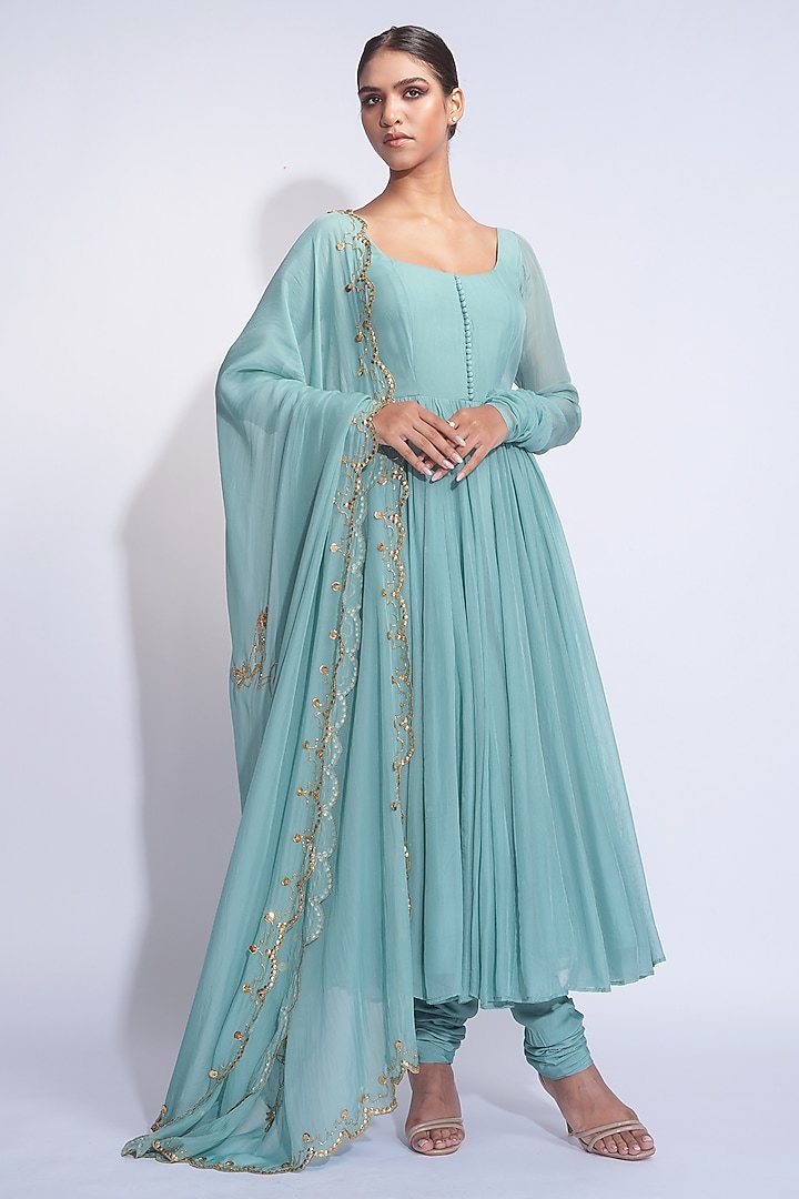 Teal Soft Organza Sequins Embroidered Wedding Anarkali Set by Shruti S at Pernia's Pop Up Shop