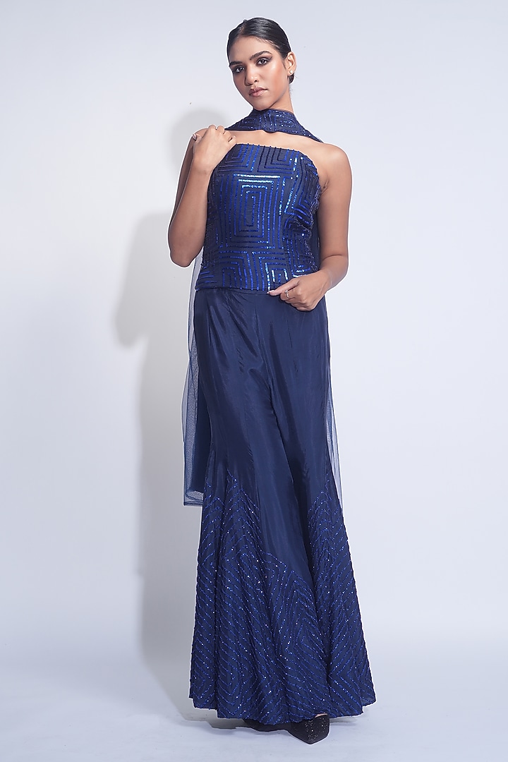 Navy Blue Silk Sequins Hand Embroidered Wedding Sharara Set by Shruti S at Pernia's Pop Up Shop