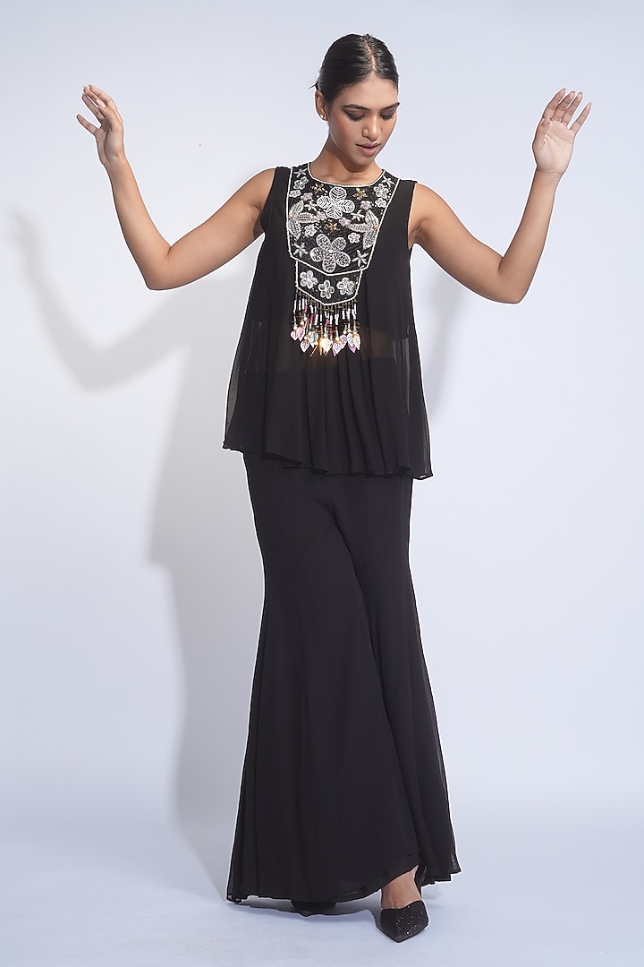 Black Georgette Sequins Embroidered Wedding Sharara Set by Shruti S at Pernia's Pop Up Shop