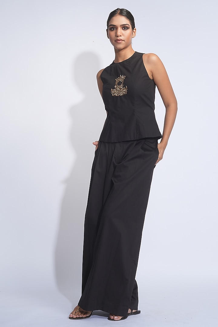 Black Poplin Sequins Embroidered Co-Ord Set by Shruti S at Pernia's Pop Up Shop