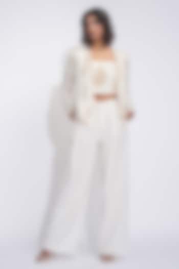 Off-White Raw Silk Hand Block Printed Jacket Set by Shruti S at Pernia's Pop Up Shop