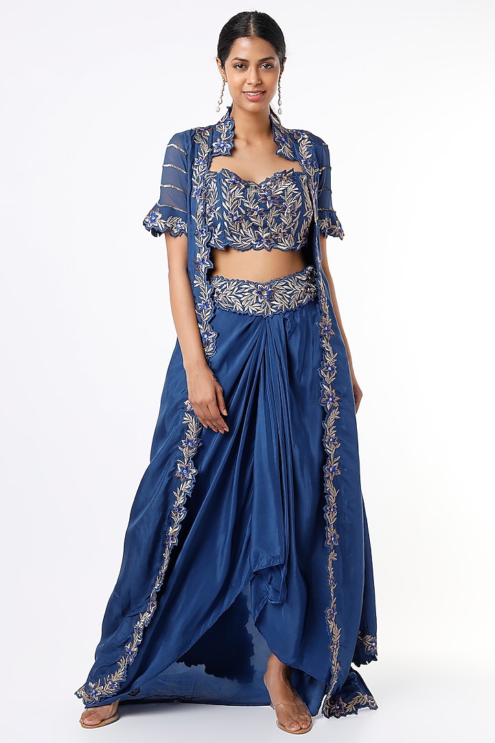 Cobalt Blue Embroidered Jacket Set by Shruti S at Pernia's Pop Up Shop