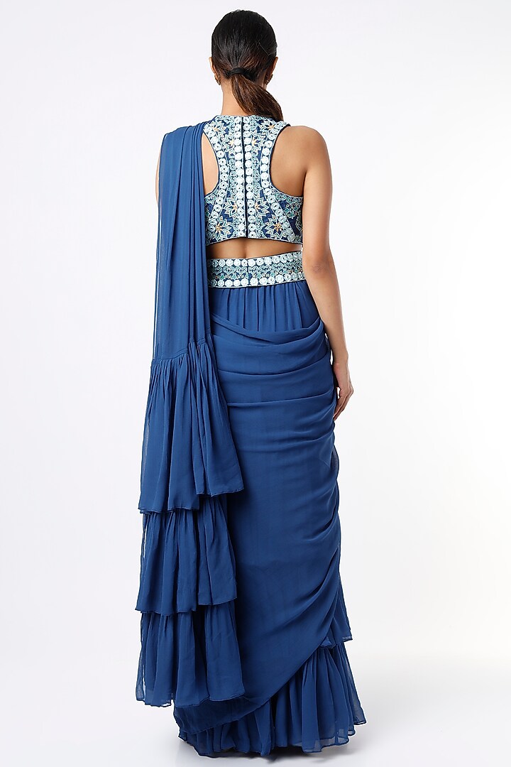 Cobalt Blue Draped Wedding Saree Set by Shruti S at Pernia's Pop Up Shop