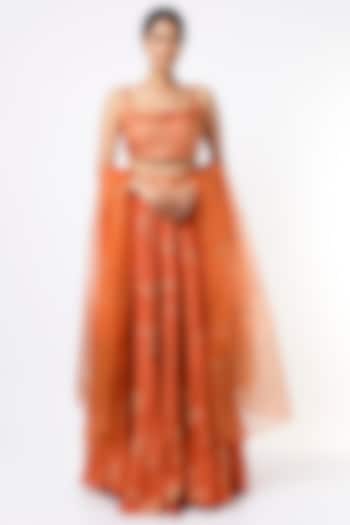 Orange Hand Painted Lehenga Set by Shruti S