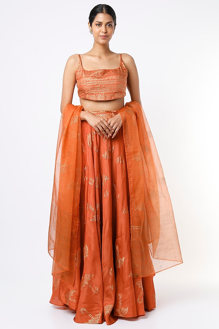 Orange Hand Painted Lehenga Set by Shruti S