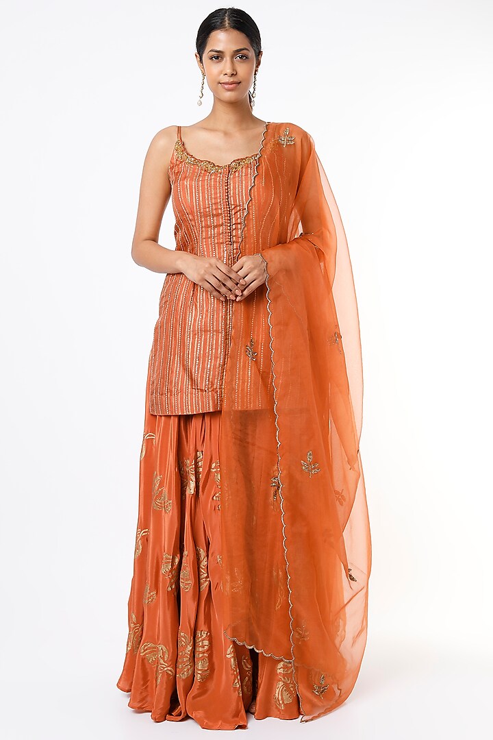 Orange Crepe Hand Painted Sharara Set by Shruti S at Pernia's Pop Up Shop