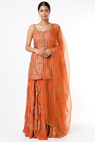 Orange Crepe Hand Painted Sharara Set by Shruti S