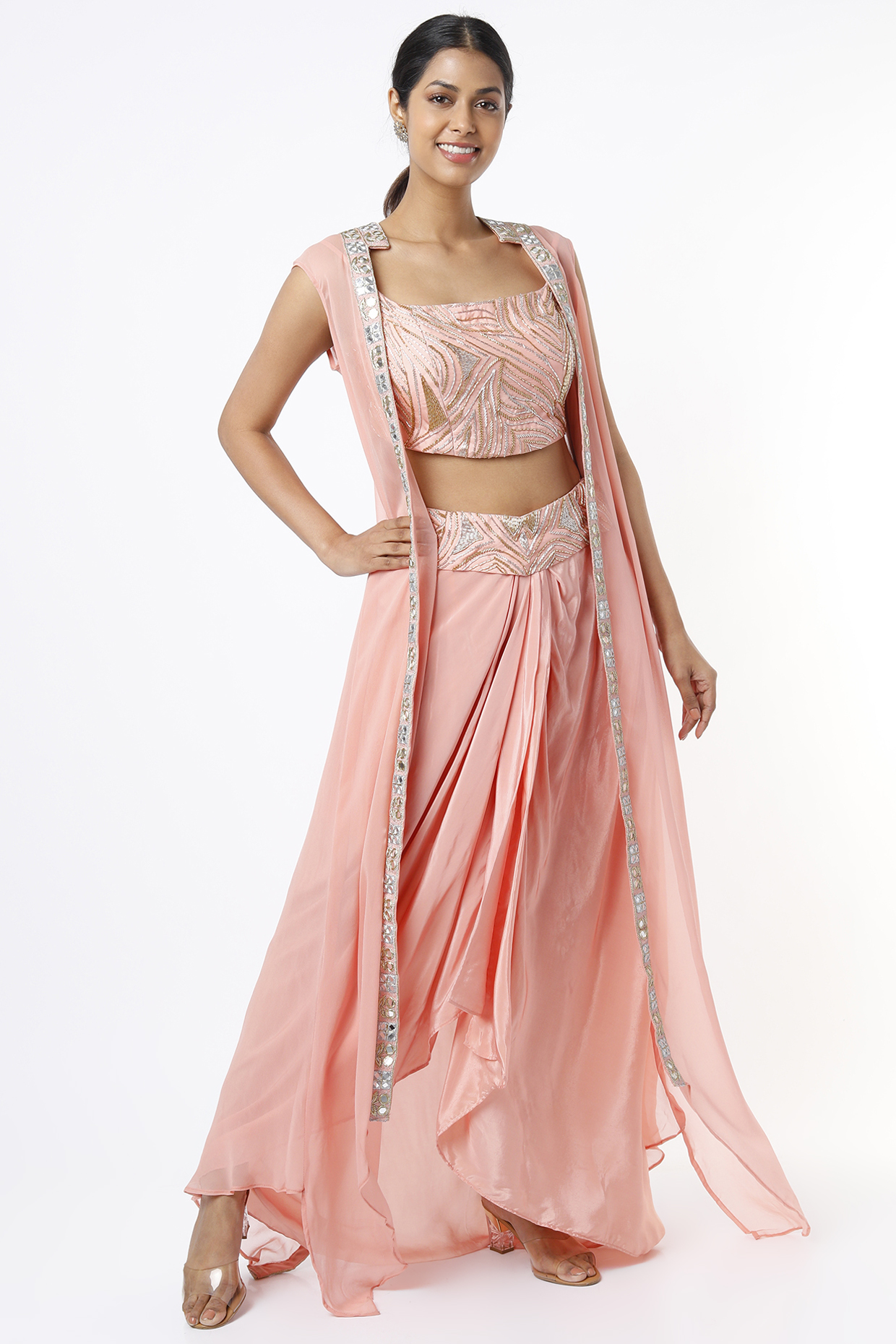 Peach Jacket Set With Zari Work by Shruti S at Pernia's Pop Up Shop
