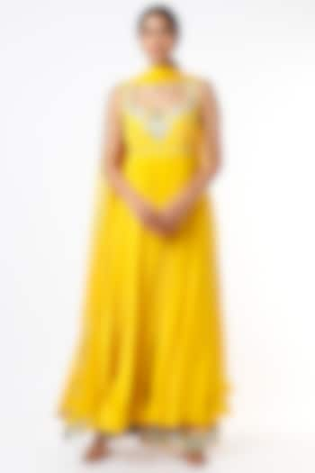 Yellow Embroidered Anarkali Set by Shruti S at Pernia's Pop Up Shop